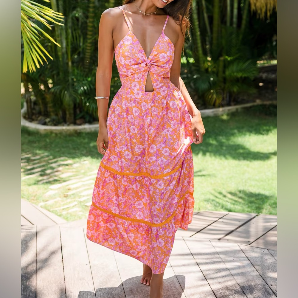 Tangerine & Pink Floral Sweetheart Twist Maxi Dress